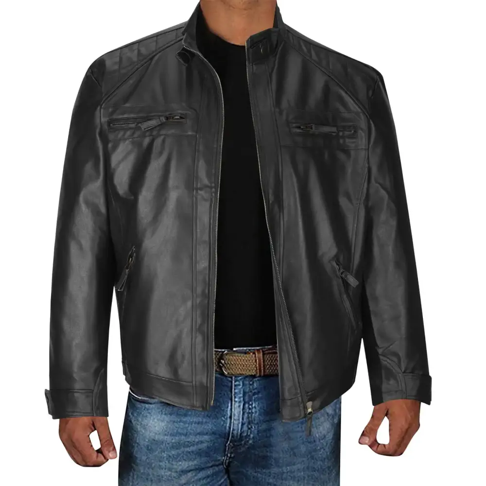 2022 Men's PU Leather Jacket Causal Faux Leather Motorcycle Jacket Zipper Vintage Biker Coat