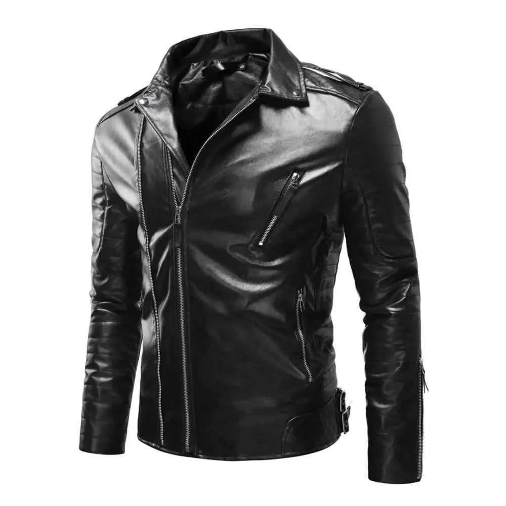 Awdenio Winter Warm Coats Men's Winter Long-sleeved Leather Motorcycle Jacket Zipper Coat Long Sleeve Hoodless Faux Leather Outwear & Jackets.Size M-5XL