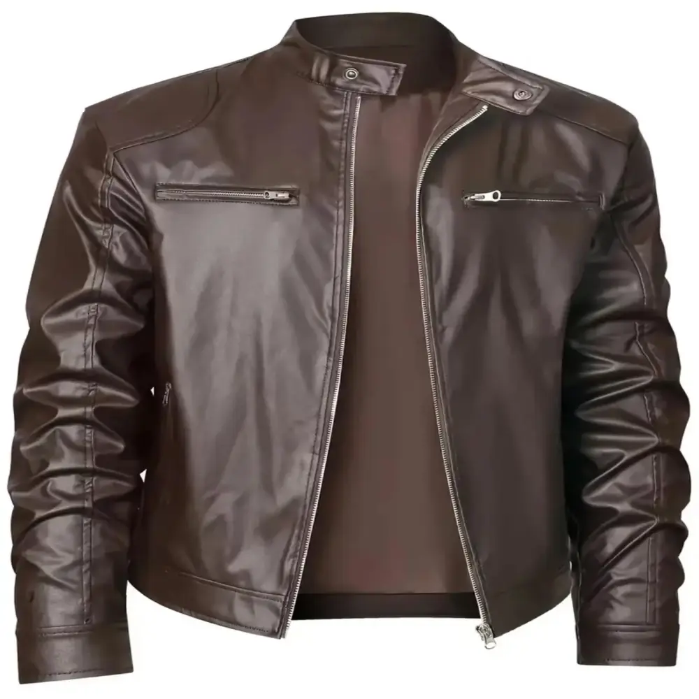 Motorcycle Leather Jacket Men Sale Zip Up Sweatshirts for Men Stand Collar Zipper Pocket Solid Color Suit Long Sleeved Hatless Leatherwear Loose Coat Jacket