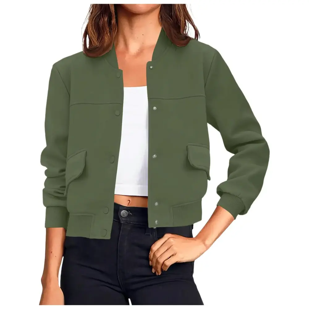 Rain Jacket Women Fashion Solid Standing Collar Big Pocket Long Sleeve Jacket Motorcycle Style Jacket