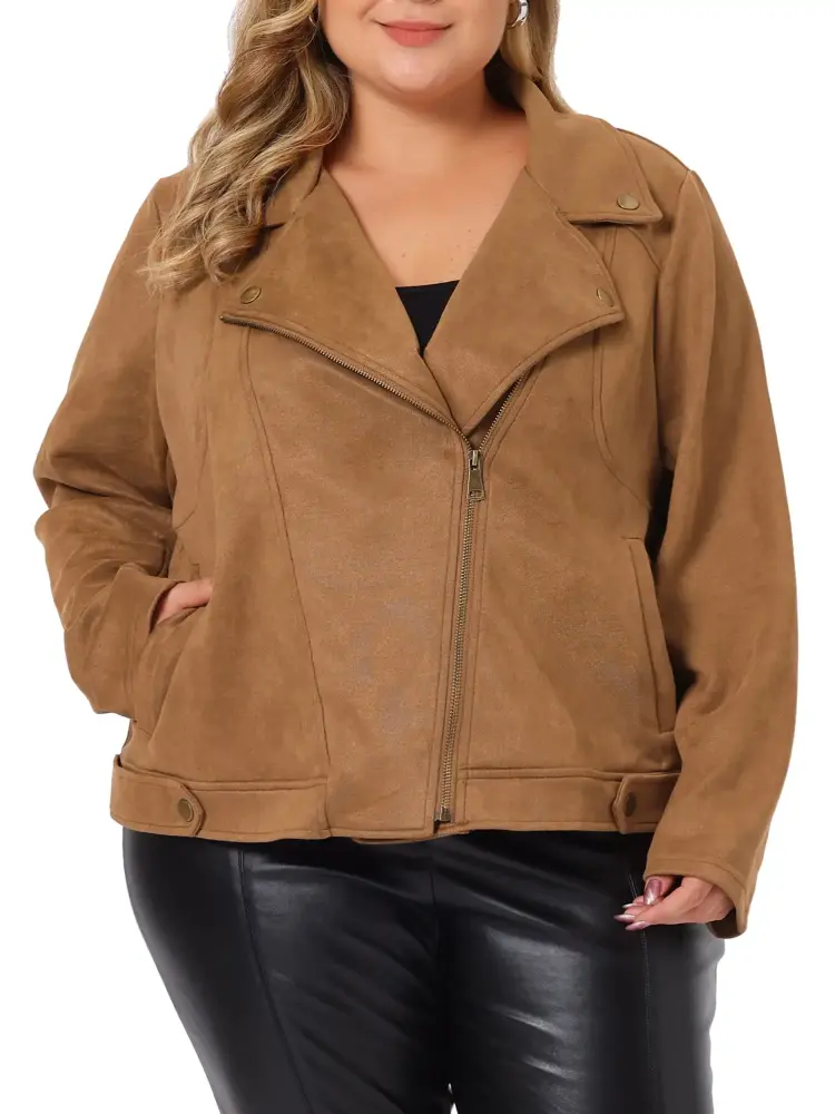 Agnes Orinda Women's Plus Size Jacket Faux Suede Bomber Moto Biker Zip-Up Coat Jackets