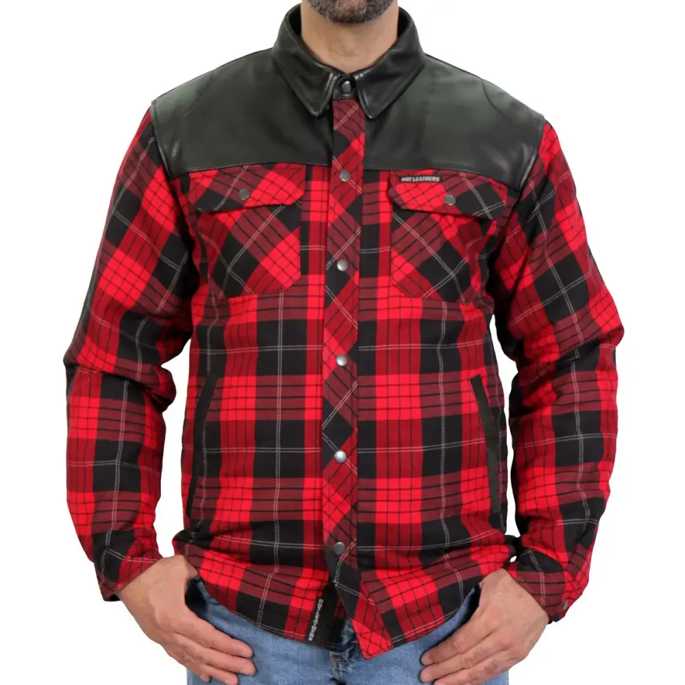 Hot Leathers JKM3201 Men's Red and Black Kevlar Reinforced Leather and Plaid Flannel Shirt Small