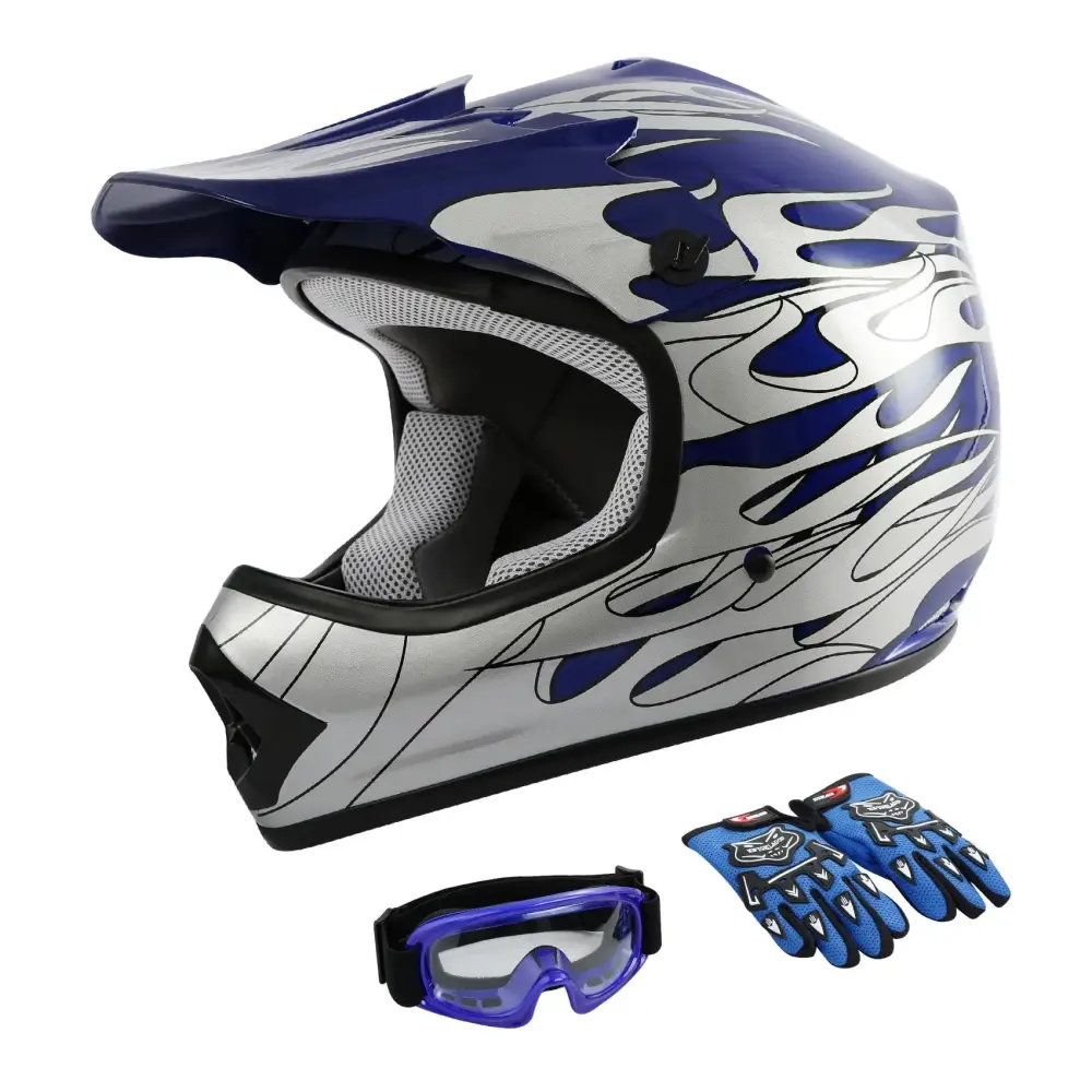 TCMT DOT Motorcycle Helmet for Kids Blue Flame with Goggles & Gloves for Atv Mx Motocross Offroad Street Dirt Bike Youth L Size