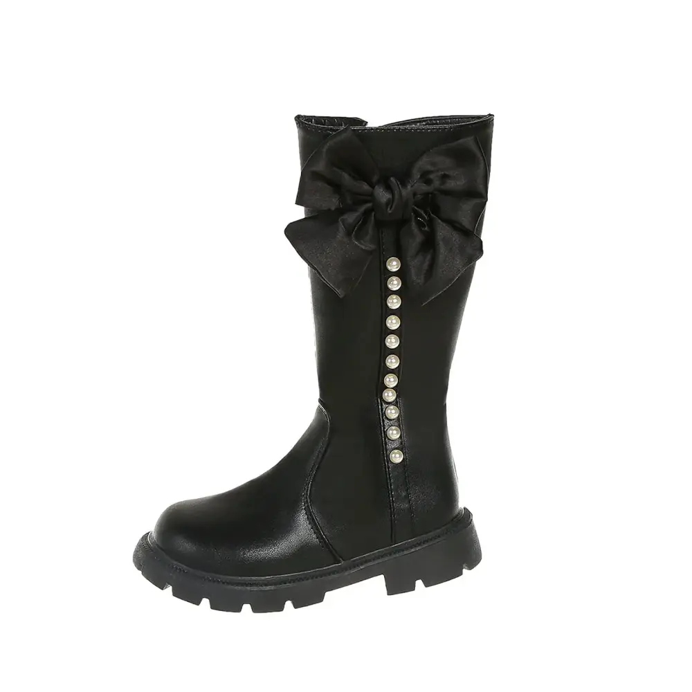 Lovskoo Girls Fall/Winter Boots Bow Knee High Winter Motorcycle Side Zipper Riding Boots Toddler/Little Kid/Big Kid Black