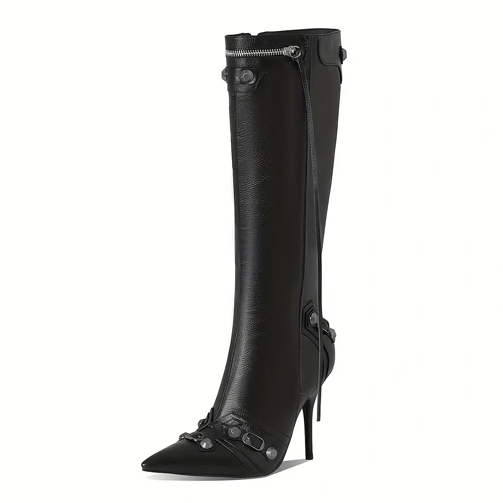 ASSR Motorcycle Women's Knee High Boots High Heel Rivet Tassels Pointy Toe Sexy Party Dressy Street Fashion Long Boots Shoes Gift