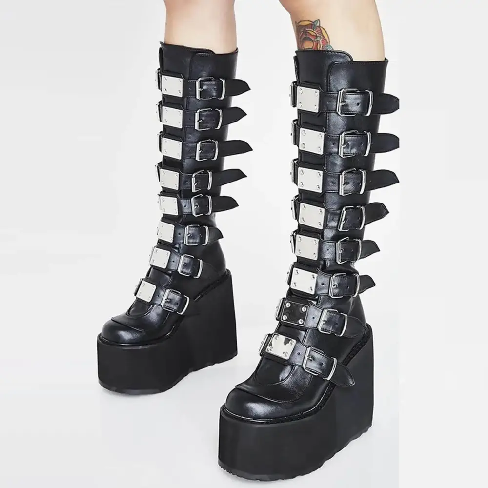 Hinvhai Platform Knee High Boots Clearance Square Toe Wedge Boots for Women Goth Buckle Mid Wide Calf Boots Motorcycle Rave Punk Boots Black 9(43)