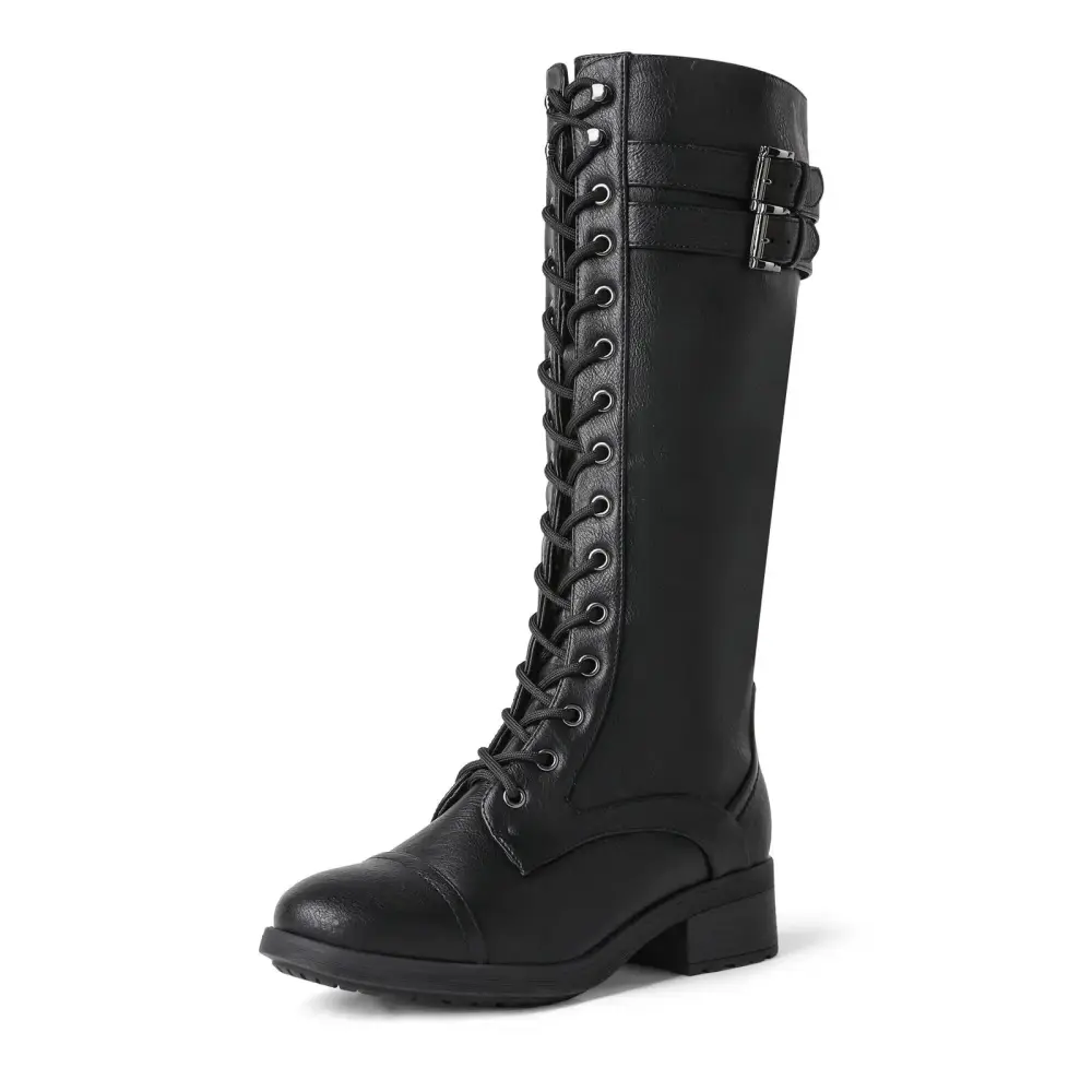 Women Low Heel Lace Up Knee High Boots Faux Fur Lined Combat Riding Boots