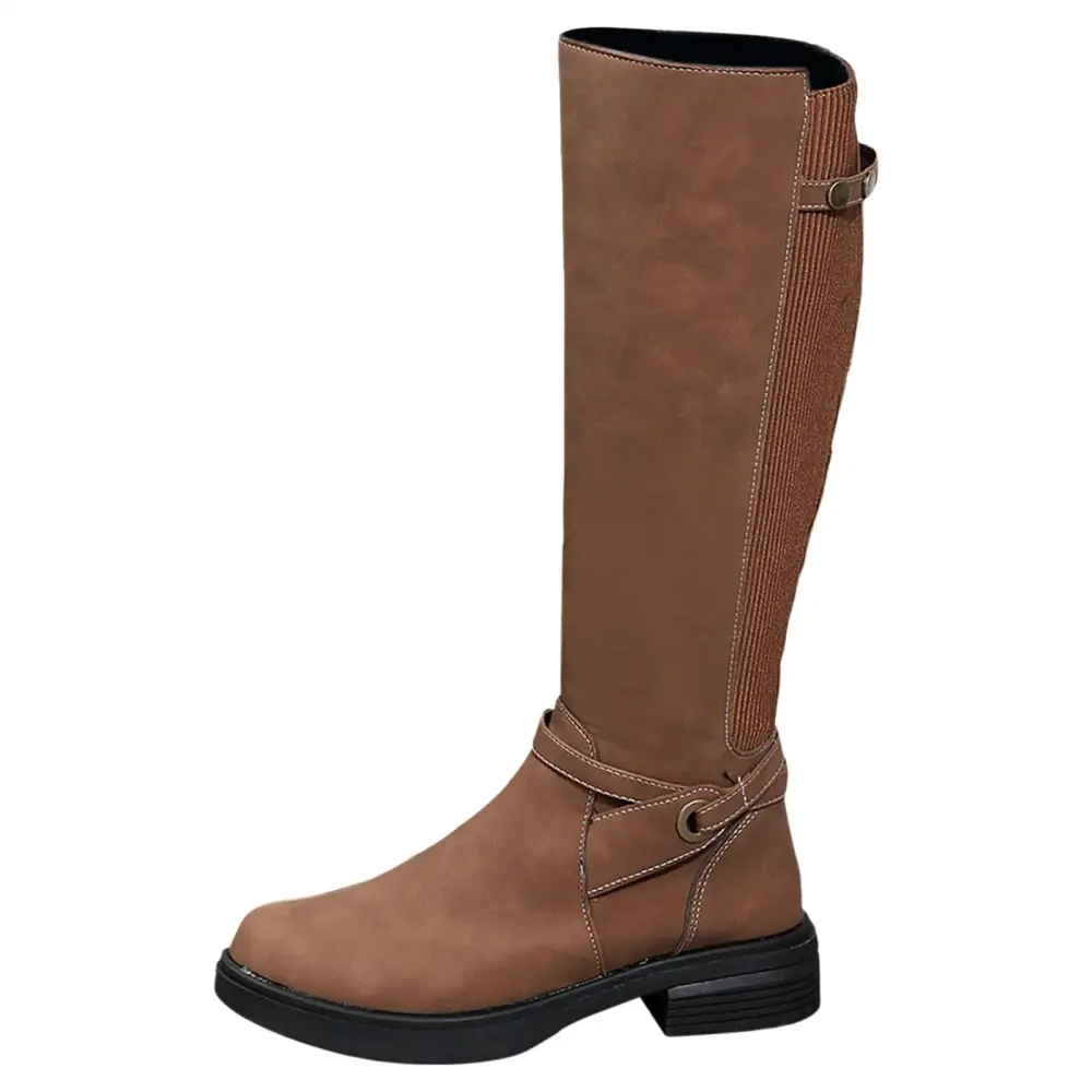 Women's Flat Soled Long Knee High Winter Boots for Women Leg Spliced Boots Round Womens Knee High Boots Wide Calf Toe Side Zipper Boots
