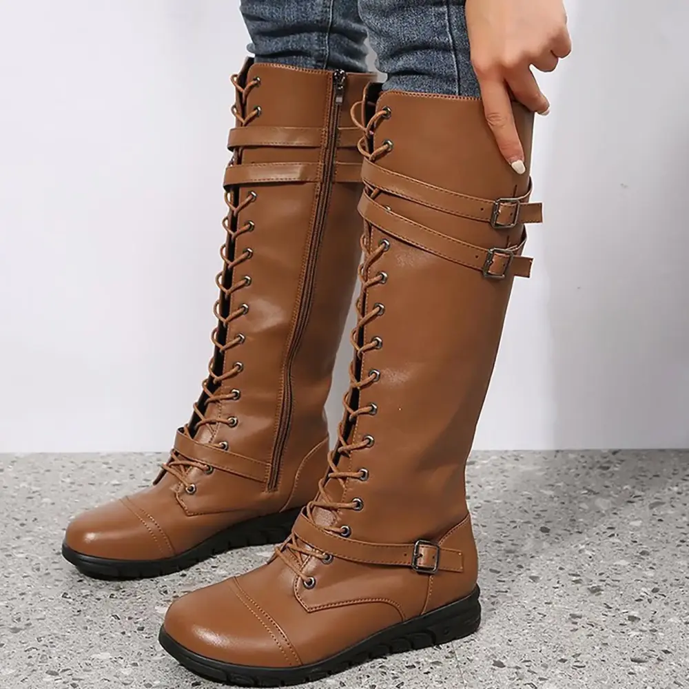 AnuYalue Boots on Clearance 2024 Women's Lace Up Combat Boots Platform Knee High Boots. Fall Lug Sole Gothic Motorcycle Cowboy Boots Knee High Riding Fall Winter Boots