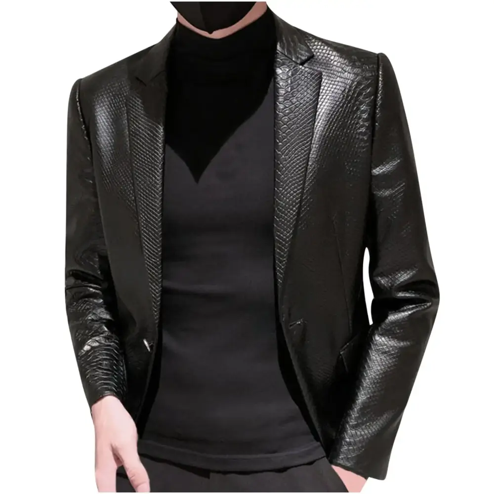 Hfyihgf Leather Blazer for Men Casual Fashion Motorcycle Biker Suit Jacket Notch Lapel Faux Leather Business Coat and Jackets(Black.XXL)