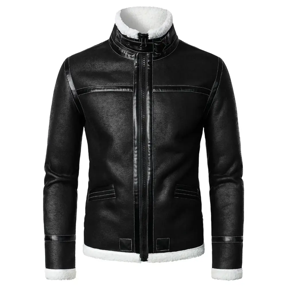 Men's Jackets Leather Coats for Men Clearance Zip Sweater Men's Fashion Casual Thick Leather Coat Long Sleeve Stand Collar Zipper Pocket Leather Coat Warm Windproof Coat
