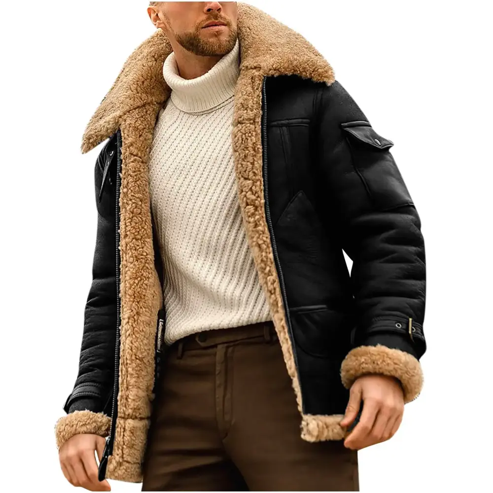 JUUYY Men's Collar Leather Vintage Coat Lapel Sherpa Lined PU Leather Overcoat Motorcycle Flight Winter m Outwear Jacket Black XXXXXL