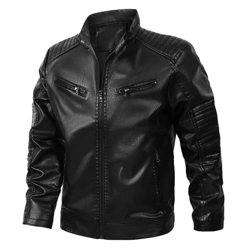 WYMPDSVI Men's Stand Collar Leather Jacket Motorcycle Lightweight Faux Leather Outwear Black L