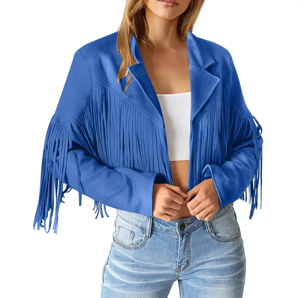 Ediodpoh Women Fashion Fringe Faux Suede Leather Jackets Fashion Tassel Motorcycle Cropped Coats Womens Coats Blue L