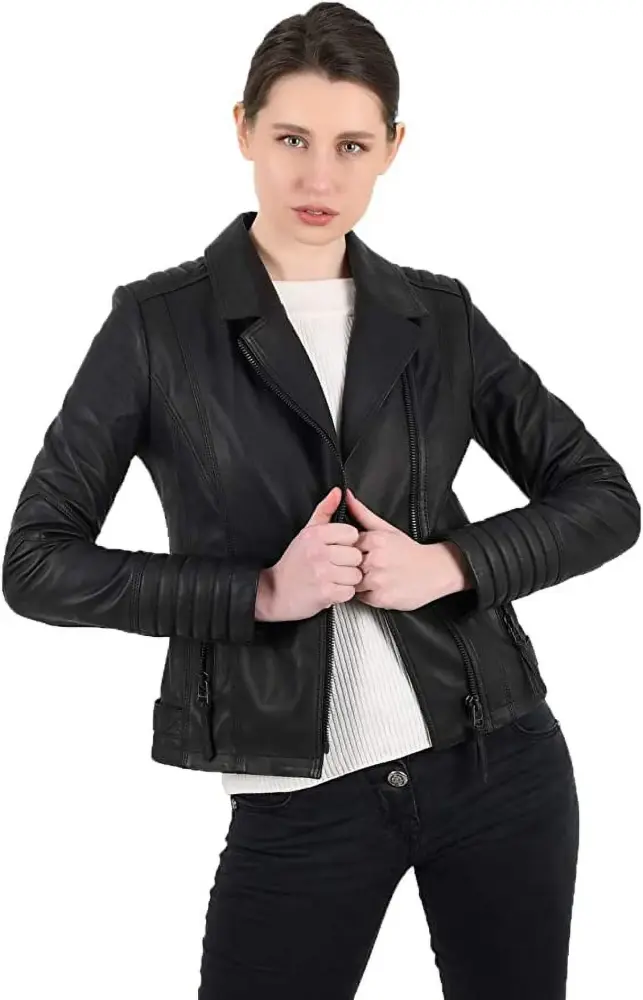 SkinOutfit Women Leather Jacket Genuine Lambskin Stylish Casual Slim fit Biker Motorcycle Coat Outerwear 153 XS Black