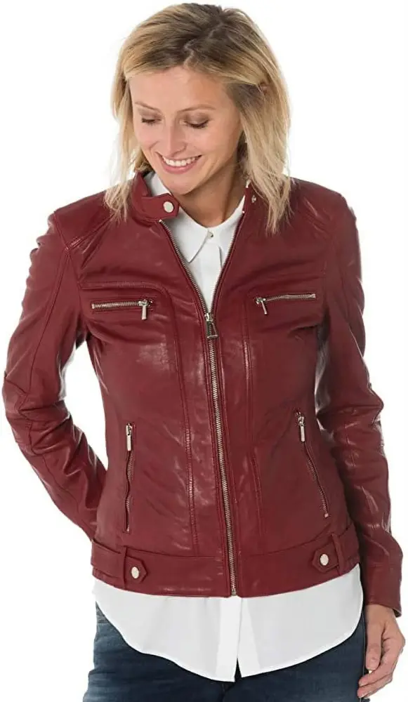 SkinOutfit Women Leather Jacket Genuine Lambskin Stylish Casual Slim fit Biker Motorcycle Coat Outerwear 34 XS Marron