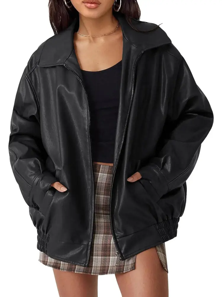 Women Leather Motorcycle Jacket Casual Long Sleeve Zipper Cardigan