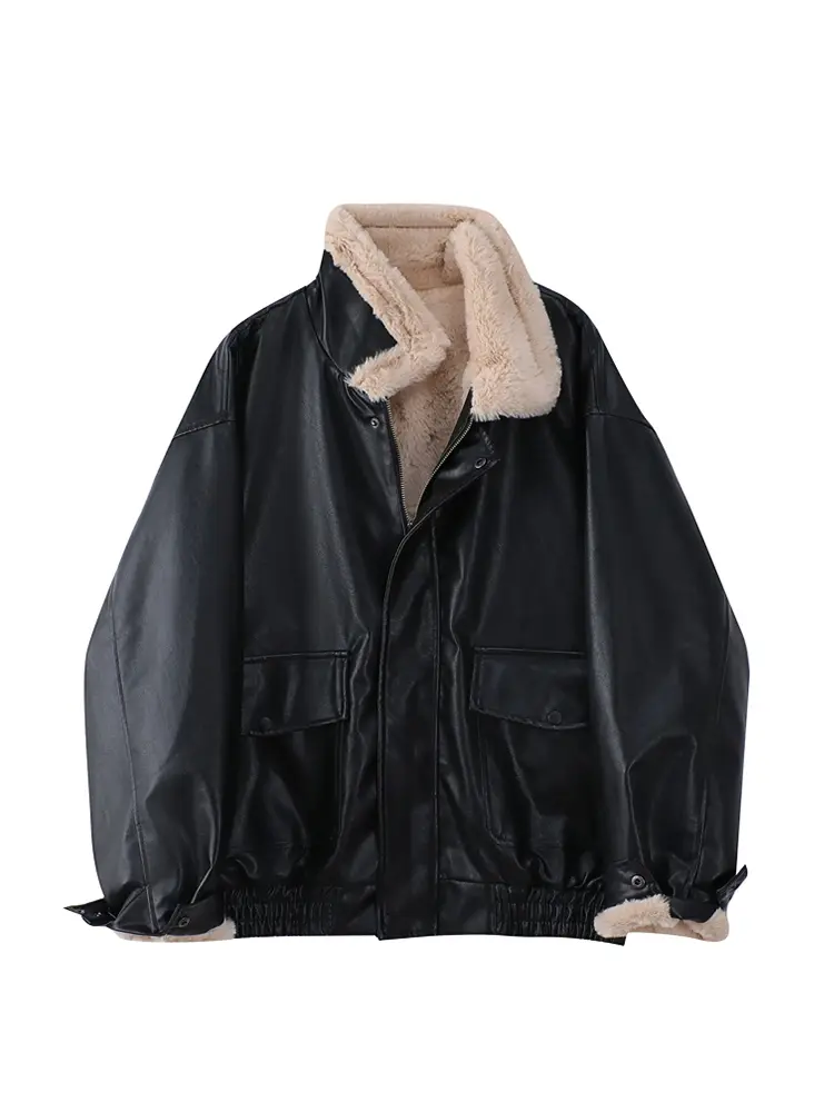 AFeng Winter Women's Faux Fur Leather Jacket Long Sleeve Oversize Warm Lambwool Thickened Coat Coffee Motorcycle Lapel PU Coat 2023