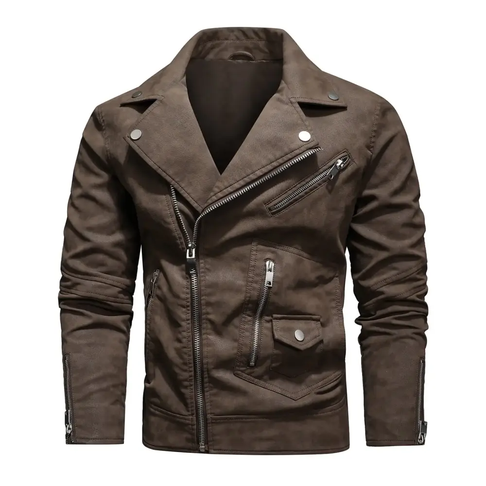 CTPDG Men's Faux Leather Jacket Lightweight Motorcycle Riding Jacket Stand Collar Casual Fashion Multiple Leather Jacket Brown XXXL