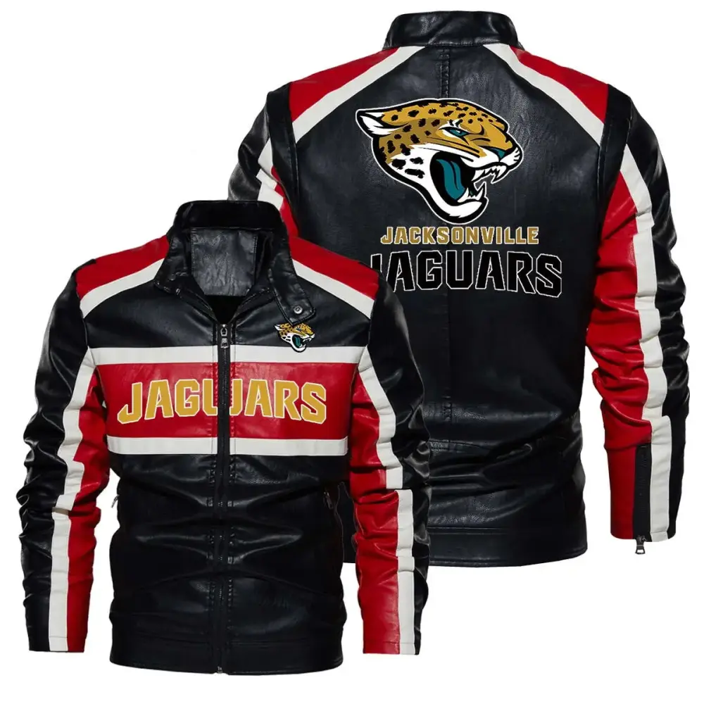 Football Jacket Super Bowl Champions Mens PU Faux Leather Jackets Coat Zip-Up Motorcycle Biker Bomber Jacket - Jacksonville - Jaguars