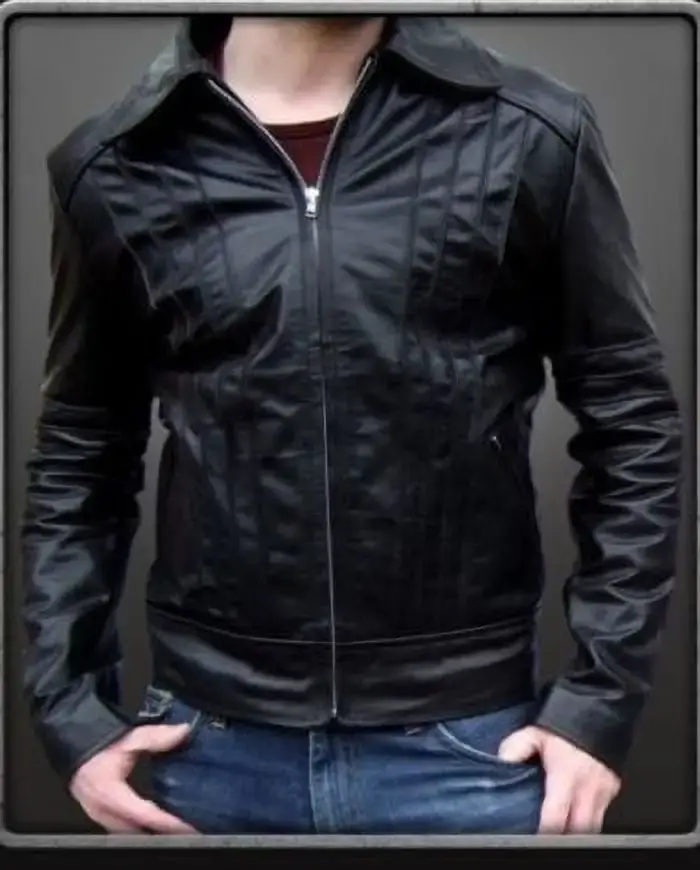 Noora Men’s black leather jacket with collar and detailing
