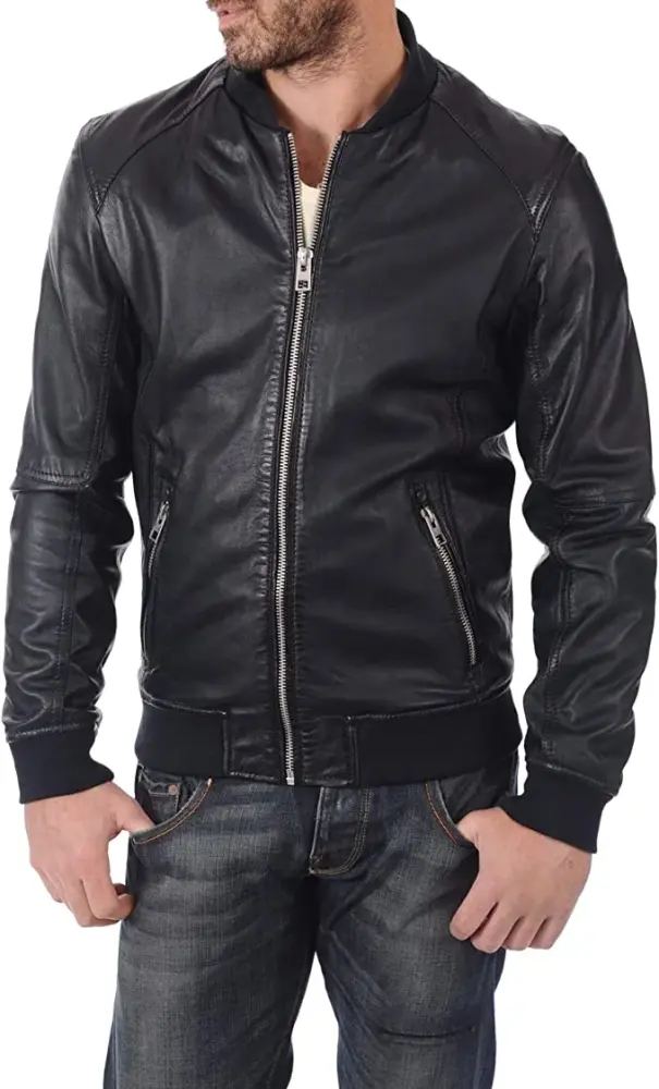 SkinOutfit Men's Leather Jacket Genuine Lambskin Motorcycle Bomber Biker Lightweight Outerwear Black