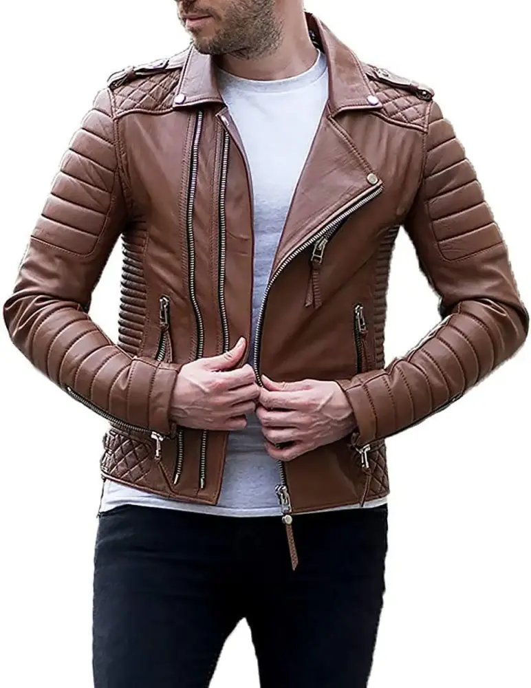 SkinOutfit Men's Leather Jacket Genuine Lambskin Motorcycle Bomber Biker Lightweight Outerwear Brown