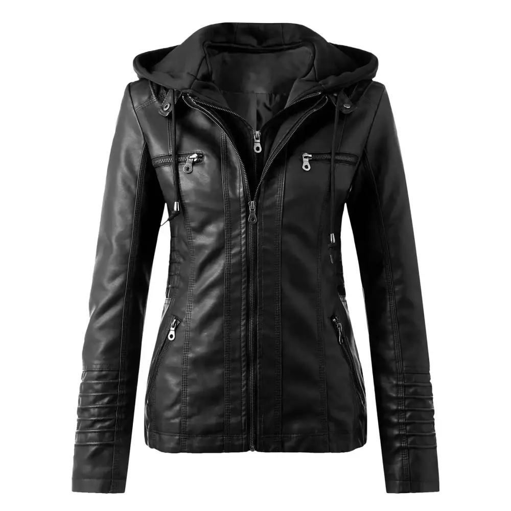 2024 New Women's Slim Leather Stand Peach Vests Collar Zip Motorcycle Suit Long Jacket for Dress Belt Coat Jacket Tops