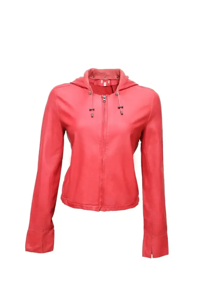 American Style Women's Red Real Lambskin Leather Hooded Jacket Motorcycle Biker Jacket Outdoor