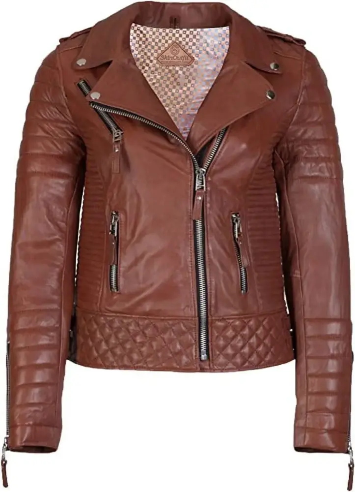 SkinOutfit Women Motorcycle Leather Jacket Genuine Lambskin Caf�� Racer Biker Outerwear XS Tan