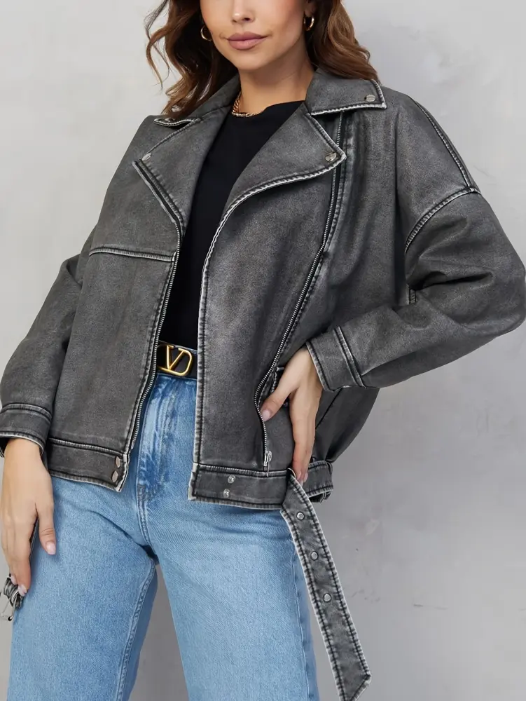 ZNGYXMN Trendy Women's Faux Leather Motorcycle Jacket for Fall - Stylish Zip Up Winter Coat and Outerwear