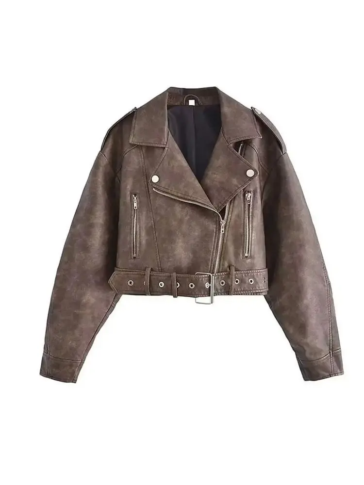 AWky Women Oversized Vintage Loose Pu Faux Leather Short Jacket With Belt Streetwear Female Zipper Retro Moto Biker Coat Outwear