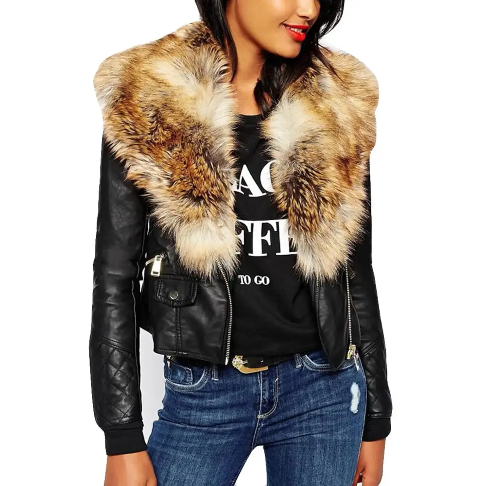 RQYYD Women Faux Leather Jacket Motorcycle Biker Sherpa-Lined Coat with Fur Collar (Khaki.S)