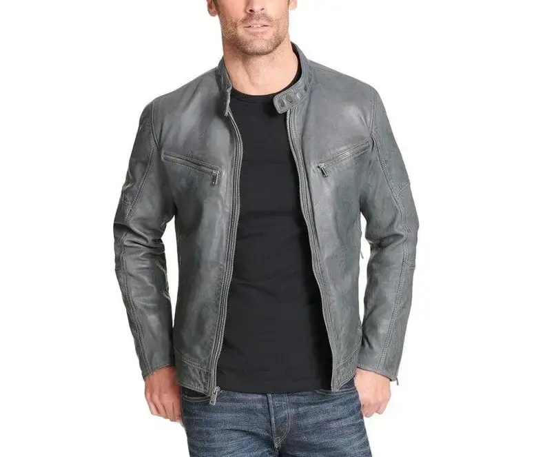 Leather Jacket For Men's. Biker Bomber Coat For Him. Lambskin Design Leather Grey Jacket For Biker Distressed New Men's