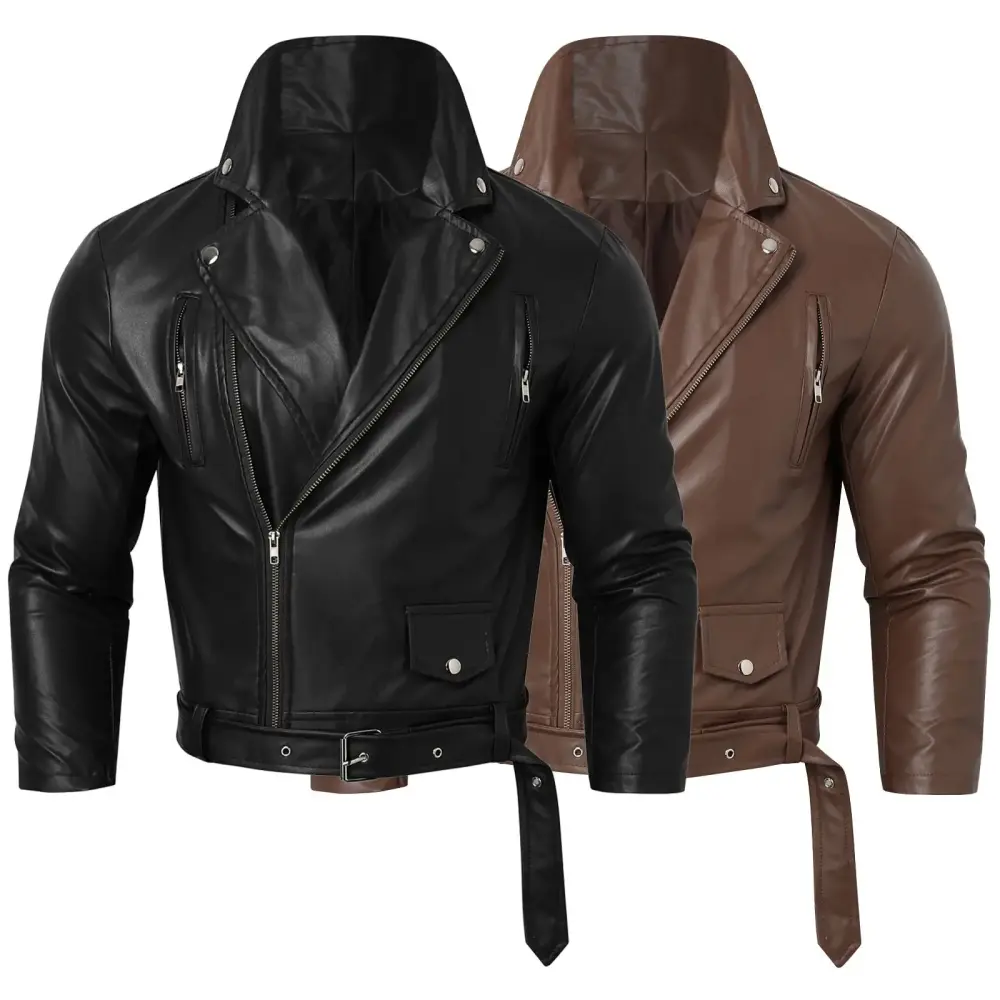 Caqnni Men Leather Jacket Slim Fit Motorcycle Jacket Zipper Casual Coat Spring Autumn Winter (Black.3XL)
