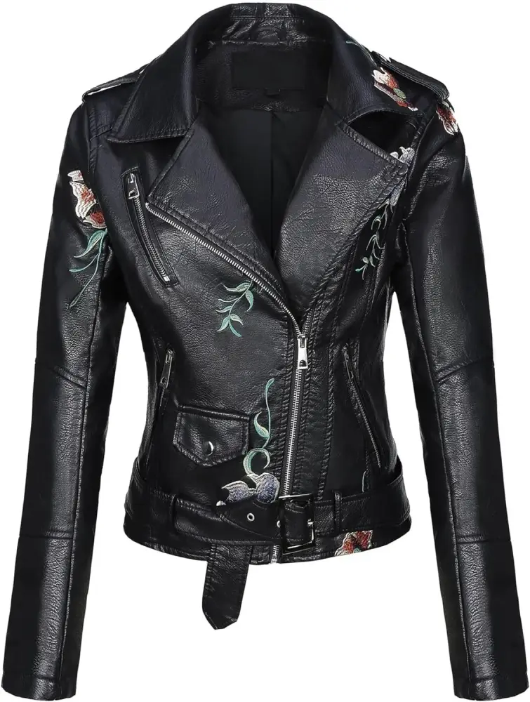 Bellivera Women Faux Leather Casual Jacket. Fall and Spring Fashion Motorcycle Bike Coat Small Black Floral