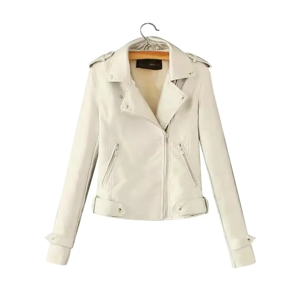 KaLI_store Leather Moto Jacket Women Women's Leather Blazer Jackets Women Vintage Moto Biker Coat Vegan Pleather Fashion White.S