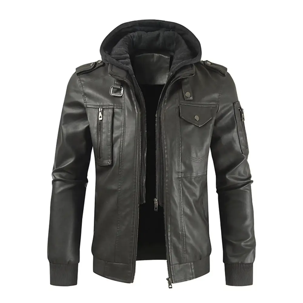Xysaqa Men's Faux Leather Jacket Motorcycle Jacket with Removable Hood Casual Fleeces Lined Jackets Warm Winter Coat for Men S-3XL