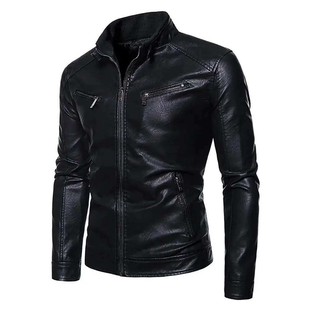 Fozruso Men's Stand Up Collar Leather Jacket Lightweight Faux Leather Motorcycle Jacket