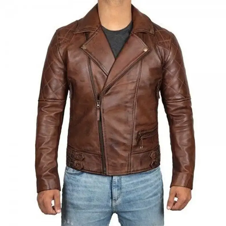 Brown leather jacket for man - Genuine lambskin leather biker jacket - Mens Vintage cafe Racer jacket - slim fit zipper jacket gift for him