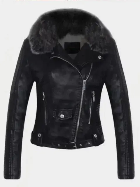 2024 Hot Fashion Women Winter Warm Faux Leather Jackets with Collar Belt Lady Black Pink Motorcycle Biker Outerwear Coats