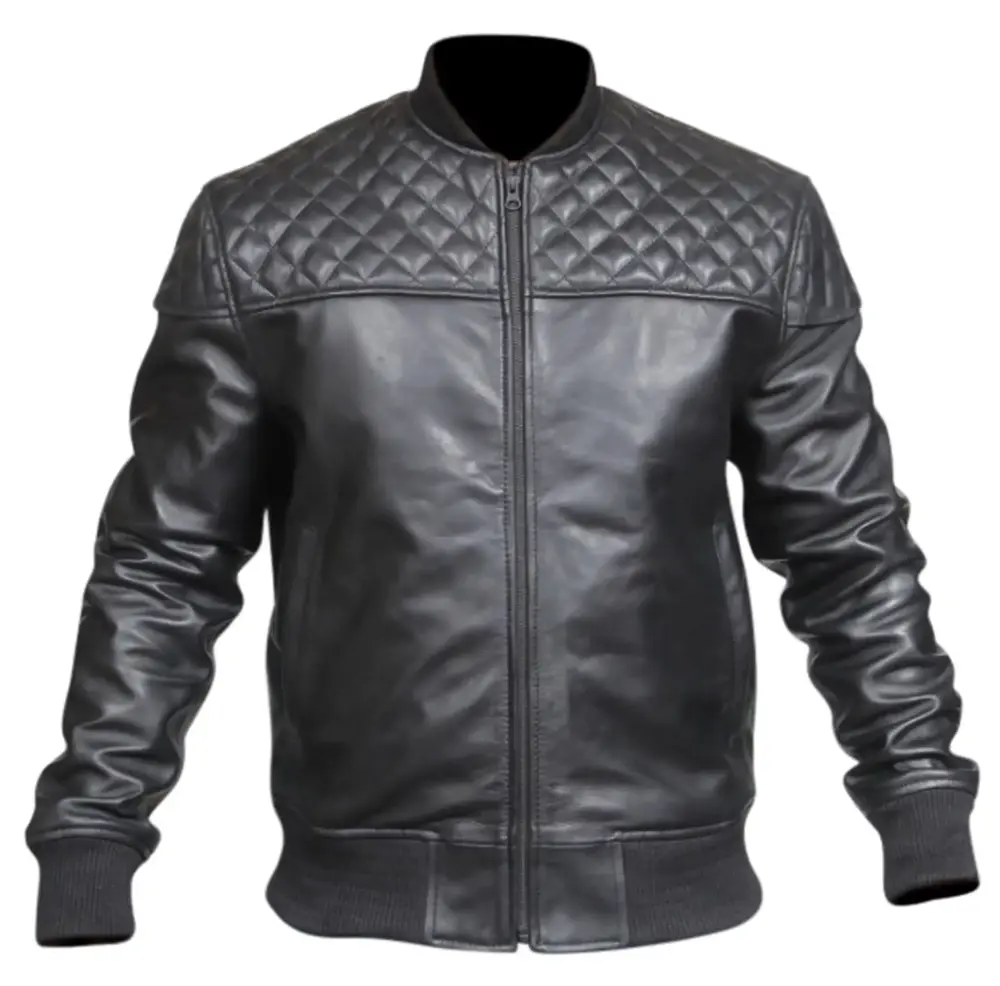 Men's Designer Black Men's Quilted Shoulder Rib Design Slim Genuine Leather Jacket SouthBeachLeather