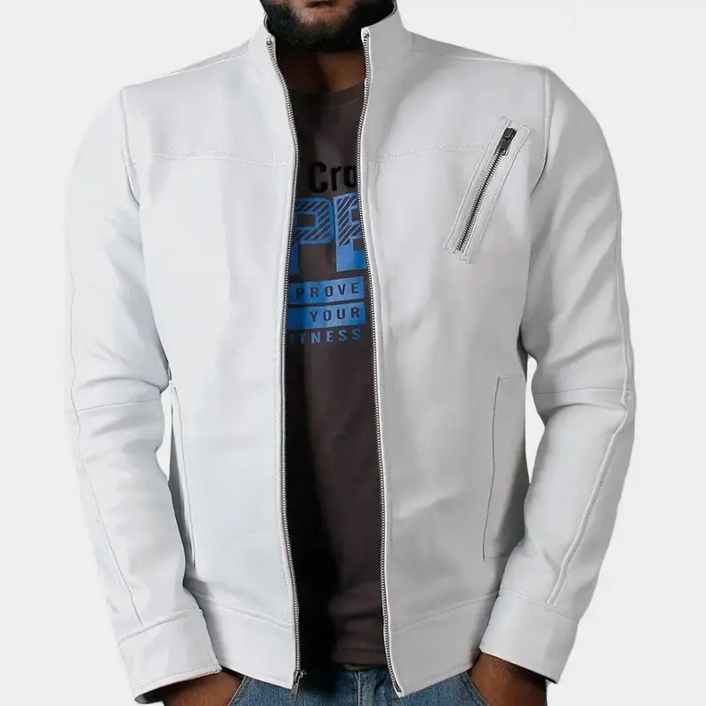Mens White Original Leather Jacket | Biker Genuine Lambskin Leather Jacket | Mens Biker Leather Jacket