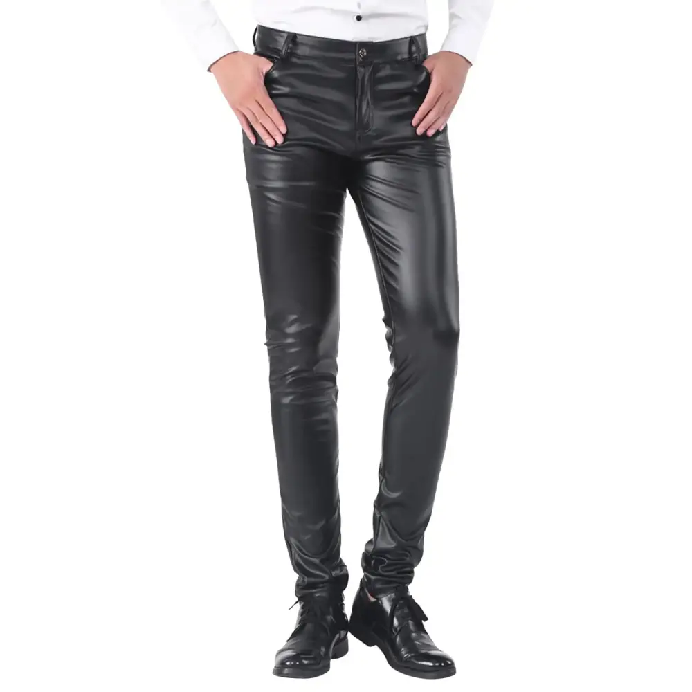 8QIDA Mens Slim Fitting Leather Pants Leggings Tight Elastic Warm Plush Trend Motorcycle Leather Pants Business Casual Pants Men High Waisted C 30/M