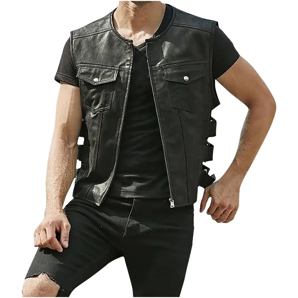 Mens Vest Vintage Leather Jacket for Men Discount Solid Color Motorcycle Stand Up Collar Leather Punk Camisole Best Gift Black M-3XL
