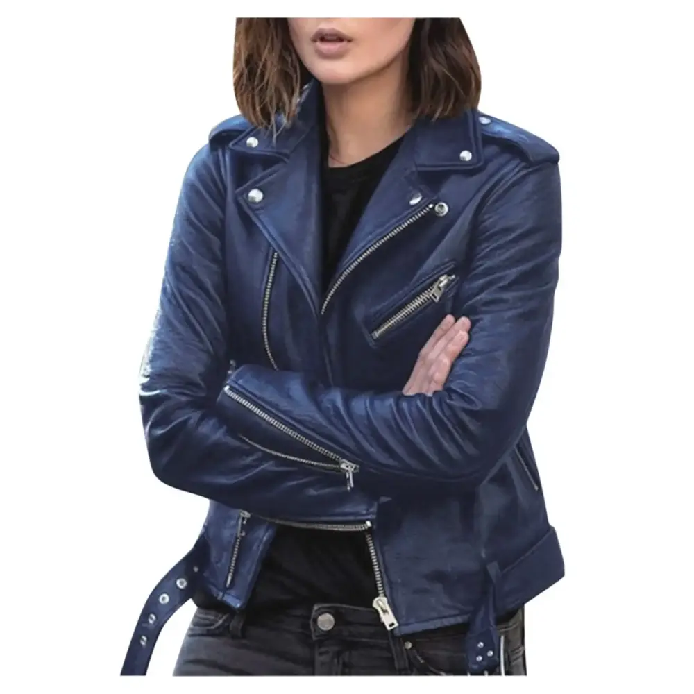 XFLWAM Women Plus Size Fashion Faux Leather Jacket Long Sleeve Zipper Fitted Moto Biker Coat Blue 5XL