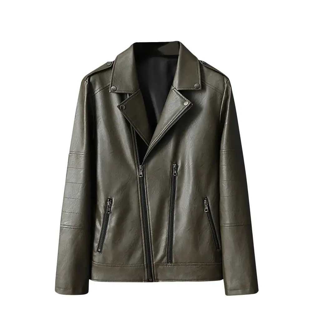 JUUYY Men's Motorcycle PU Leather Jacket Biker Lightweight Faux Leather Coat Fahion Lapel Slim Fit Full Zip Jacket Army Green XL