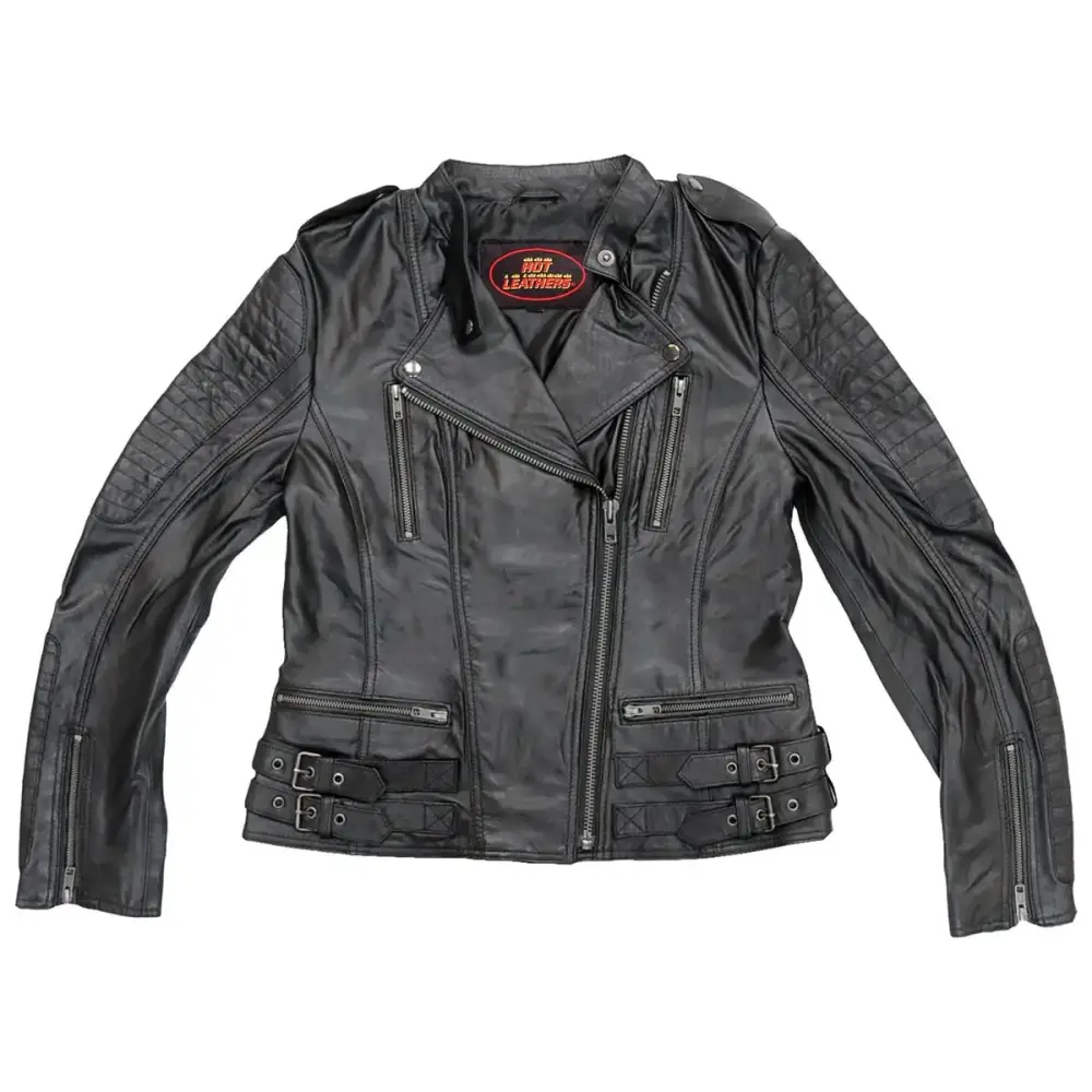 Hot Leathers JKL1030 Ladies Lightweight Black Leather Jacket with Side Buckles Small