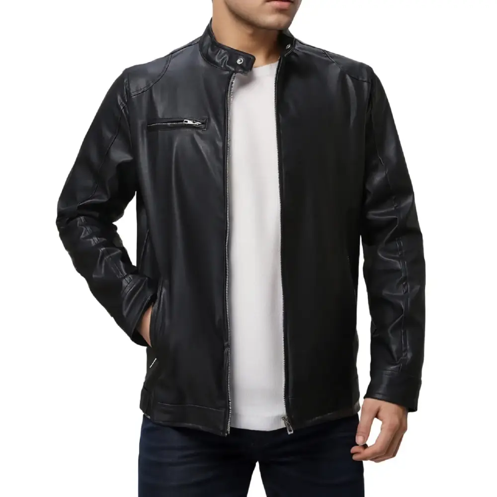 Caqnni Men's Cool Stylish Slim Fit Stand Collar Lightweight Bomber Leather Jacket Coat (Black.4XL)