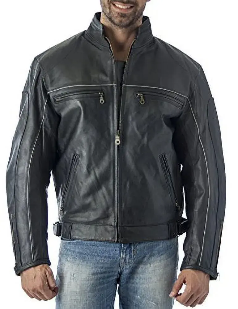 Reed? Mens Vented Leather Motorcycle Coat with Light Reflector (S)